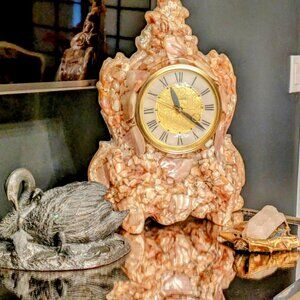 Antique electric Shell Clock, bronze swans and crystal belt buckle